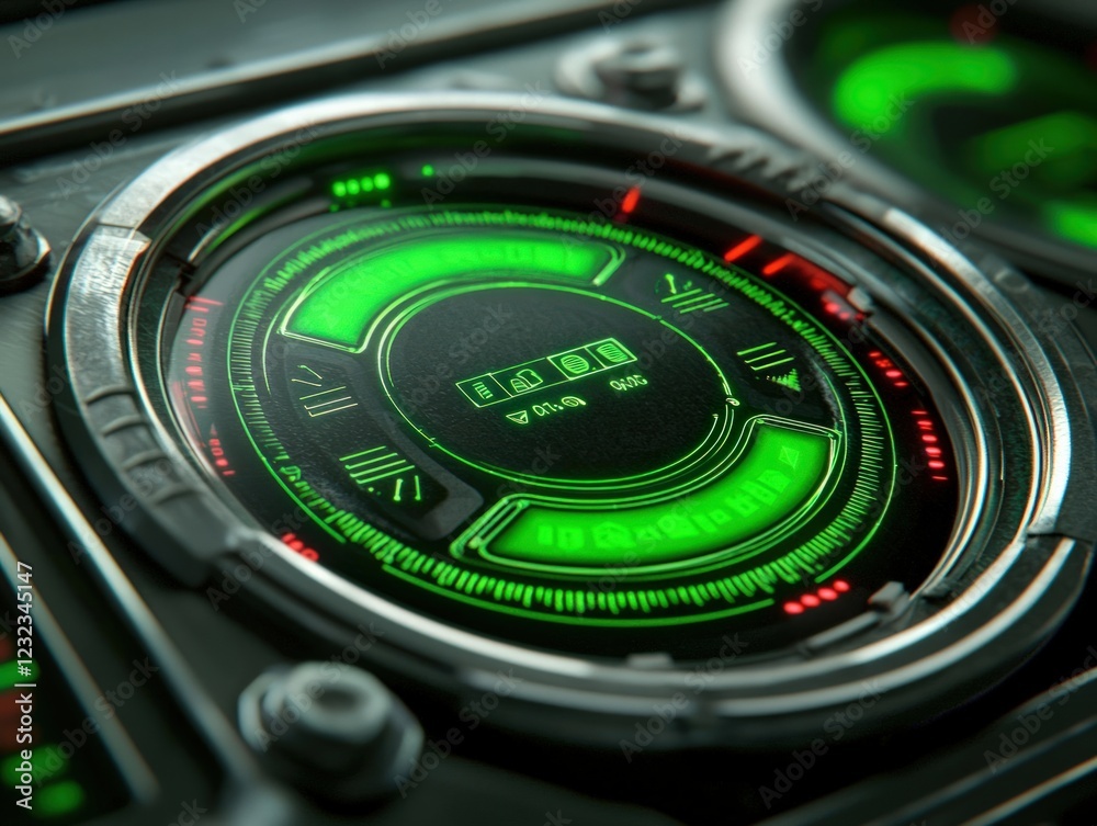 Futuristic Green Display Gauge Interface on a High-Tech Control Panel Futuristic Green Display Gauge Interface on a High-Tech Control Panel