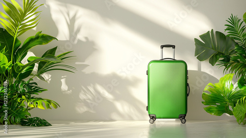 A vibrant green suitcase stands against a light wall, surrounded by lush indoor plants casting playful shadows, suggesting travel and adventure