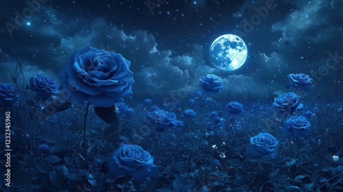 Blue roses moonlit field night romantic dreamscape