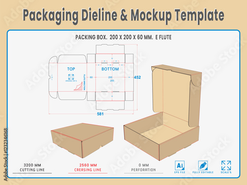 175.	Box Packing 200 x 200 x 60 mm. Packaging Die Cut Template Design. 2d TD Real Shape & Dimension. 3d Box Mockup. Equipped die cut lengths prepared for production.