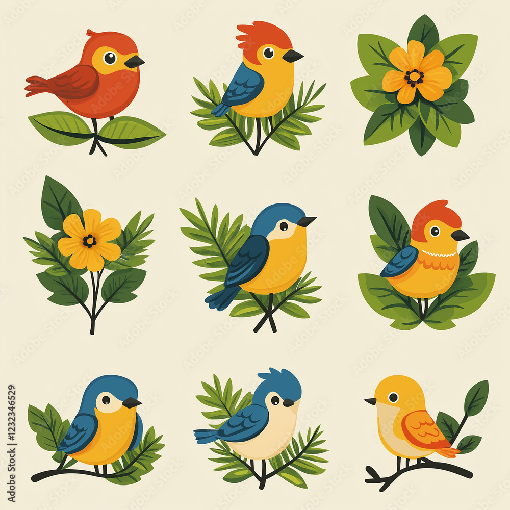 Naklejka premium Vintage-style birds perched on plants and flowers.