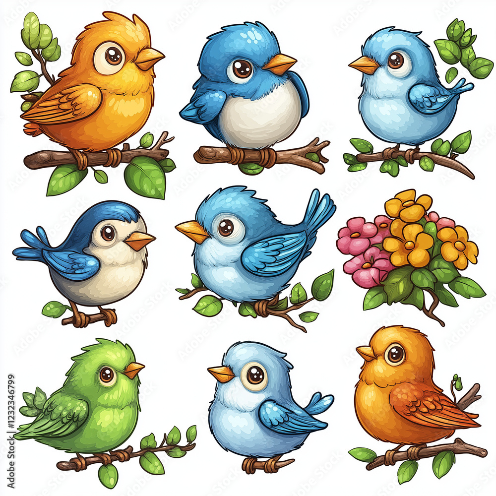 Fototapeta premium Colorful cartoon birds perched on branches with flowers.