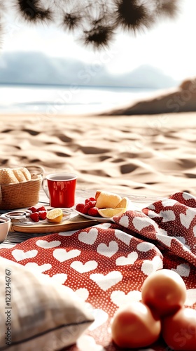 a romantic picnic setup with a heartpatterned blanket, lovethemed outdoor date, digital painting, soft pastels, isolated on white background