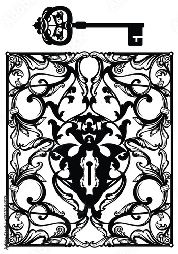 vintage style ornate keyhole and skeleton key - luxurious ornate black and white vector outline design set for secrecy concept
