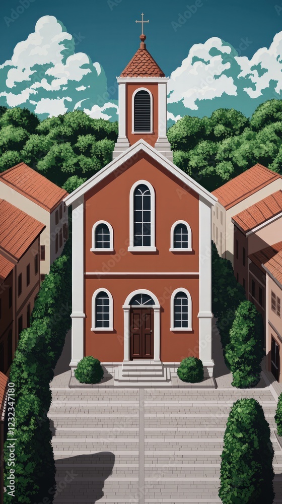 Charming Red Brick Church Surrounded by Lush Greenery and Vibrant Blue Sky Charming Red Brick Church Surrounded by Lush Greenery and Vibrant Blue Sky