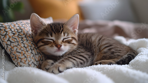 A kitten is sleeping on a white blanket. The kitten is curled up and has its eyes closed