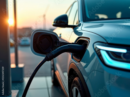 Eco power, modern electric car getting electricity from renewable energy sources, car charging process close-up