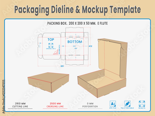 Box Packing 200 x 200 x 50 mm. Packaging Die Cut Template Design. 2d TD Real Shape & Dimension. 3d Box Mockup. Equipped die cut lengths prepared for production.