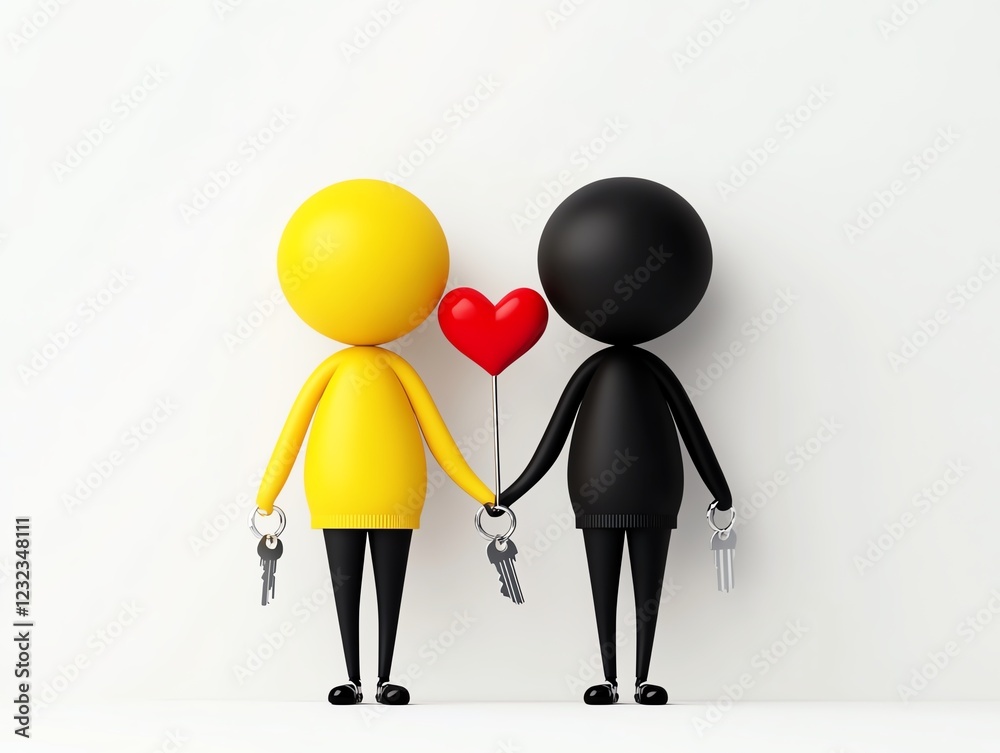 Couple holding matching keychains, symbolic love gift, 3D illustration Couple holding matching keychains, symbolic love gift, 3D illustration