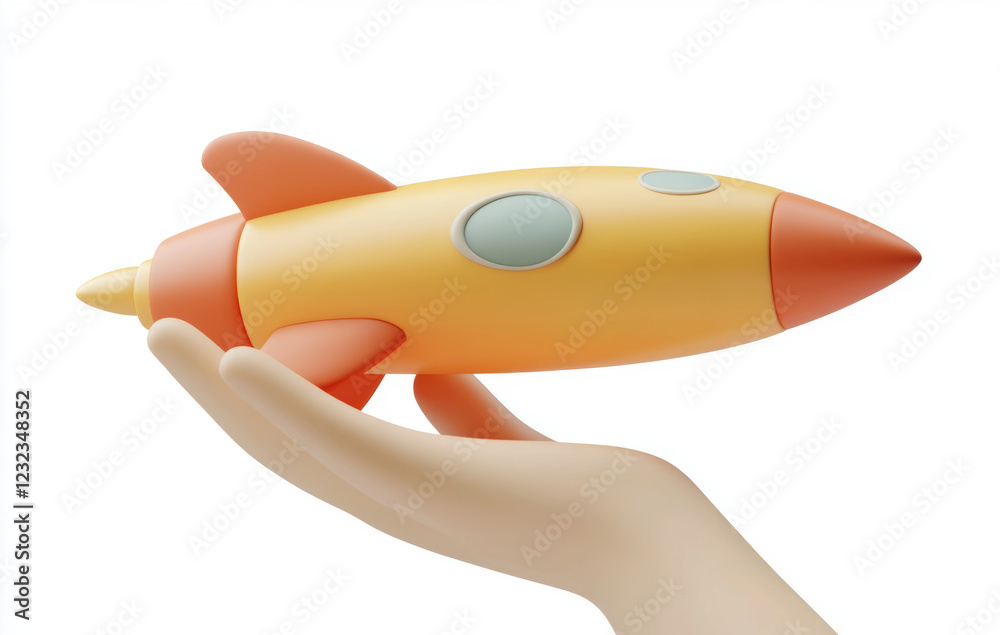3D rendering of a hand holding a rocket. The rocket has a simple design and bright colors, mainly consisting of orange and blue. 3D rendering of a hand holding a rocket. The rocket has a simple design and bright colors, mainly consisting of orange and blue.