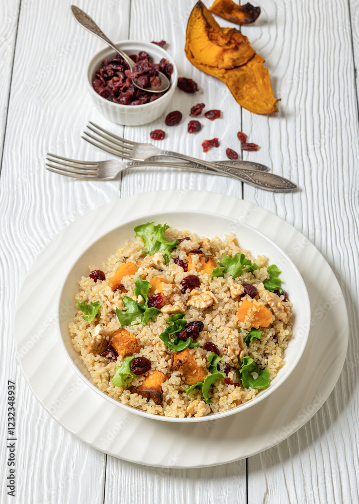 quinoa pumpkin salad in a bowl, top view quinoa pumpkin salad in a bowl, top view