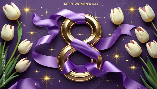 Elegant Women's Day Celebration Banner with Tulips and Golden Numeral Decoration
