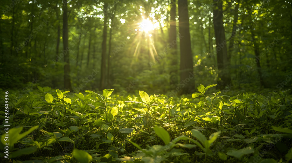 Obraz premium Sunlit forest floor, young plants, tranquil scene, nature background, ecology
