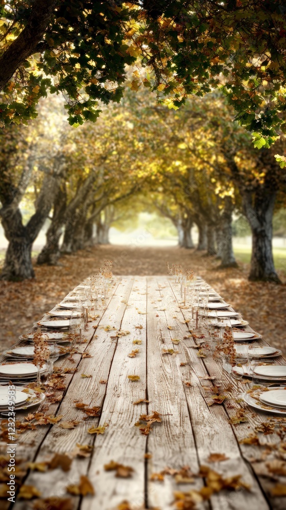 Rustic Wooden Table Set for Celebration Surrounded by Golden Autumn Trees and Leaves Rustic Wooden Table Set for Celebration Surrounded by Golden Autumn Trees and Leaves
