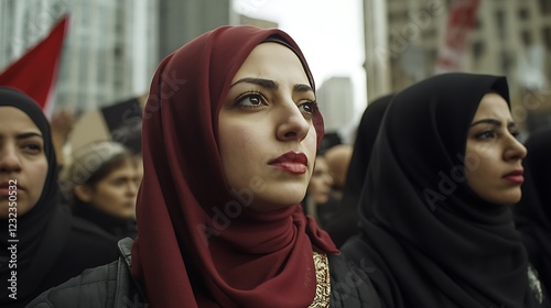 Focused young woman in hijab at a protest, alongside other women. photo