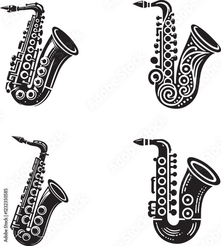 Set of Artistic Saxophone Silhouettes - Vector Illustrations