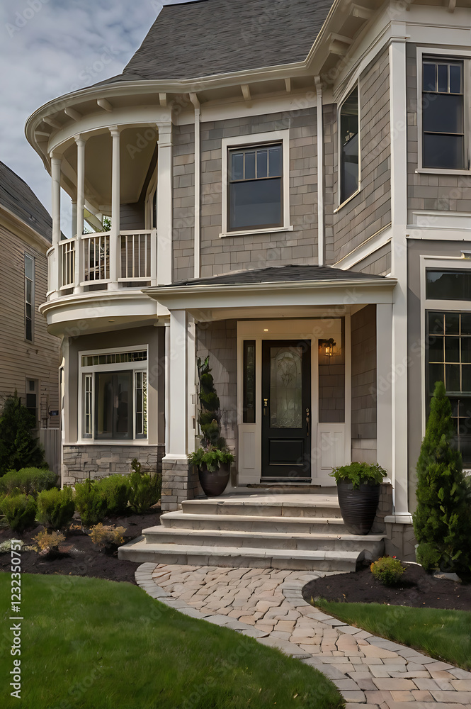 Obraz premium Elegant Gray House Exterior: Modern Architecture and Landscaping Design. Luxury Home with Stone Facade, Balcony, and Landscaped Garden. Real Estate Photography