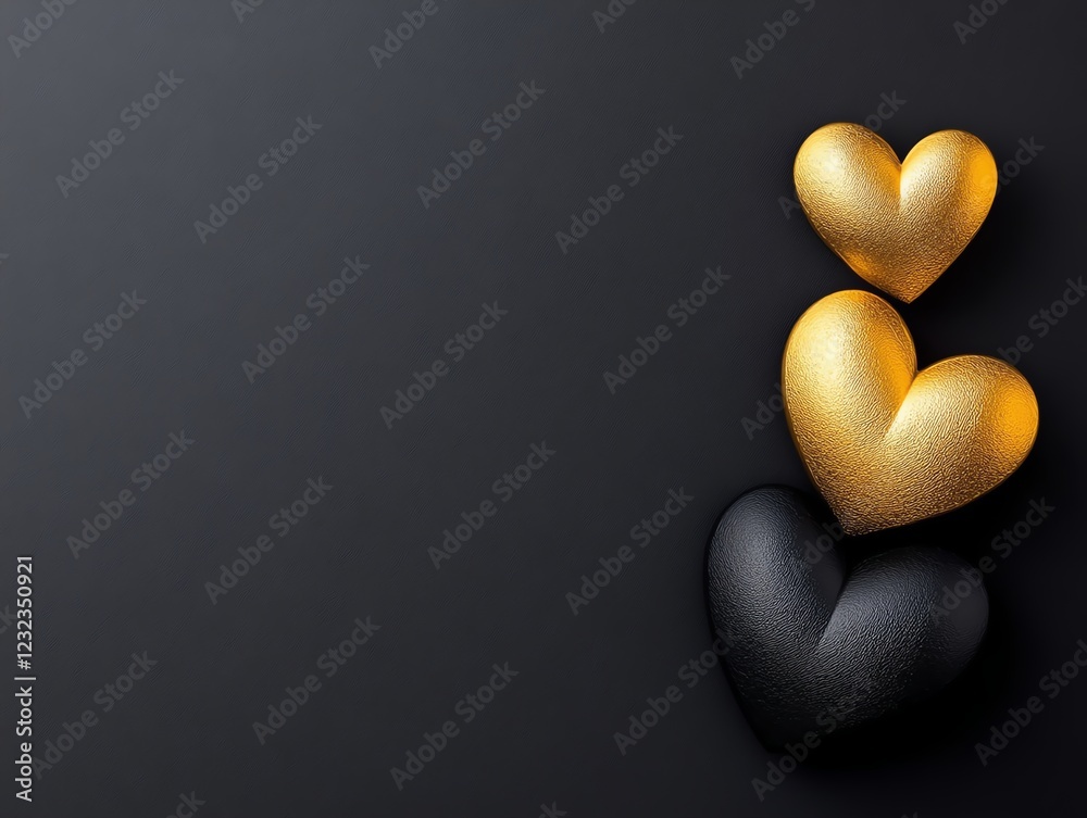 Obraz premium Luxury Valentine s card, embossed golden hearts on a velvet background, 3D illustration