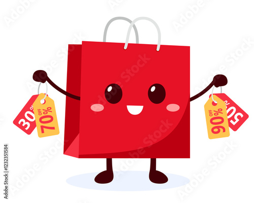 Cute cartoon red shopping bag holding a discount sign isolated on white background. Vector illustration flat design.