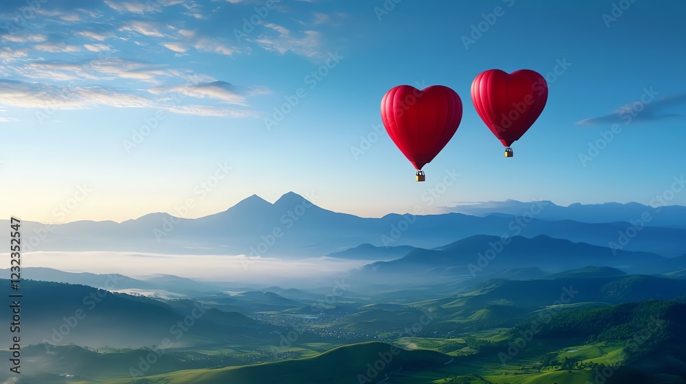 Fototapeta premium Heartshaped hot air balloons floating over a scenic valley, 3D illustration
