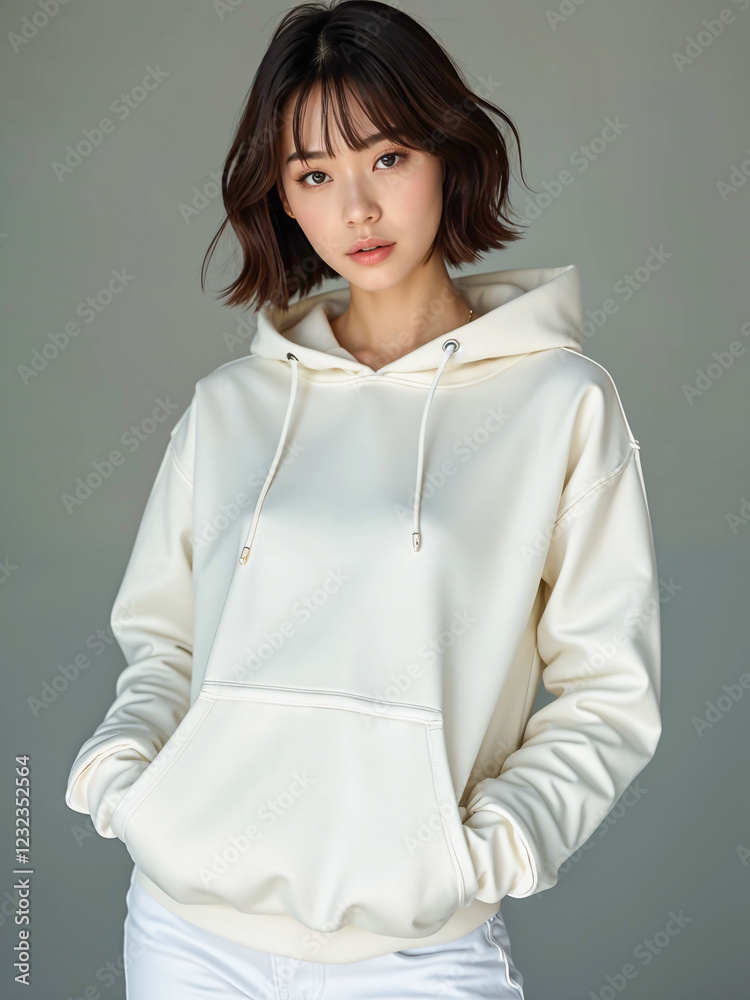 White Pullover Hoodie Mockup Featuring Asian Female Model - Front View White Pullover Hoodie Mockup Featuring Asian Female Model - Front View