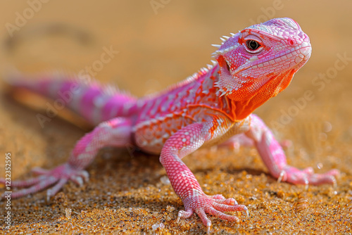 Bright pink lizard scurries across golden sand in sunny environment photo