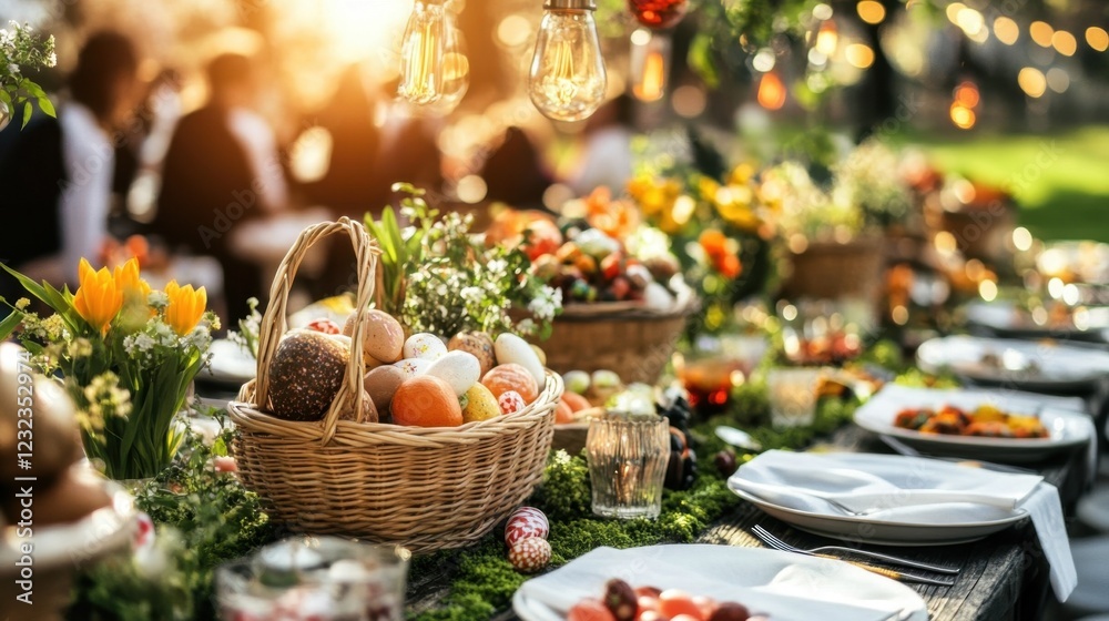 Fototapeta premium Festive Easter Table Setting Outdoors