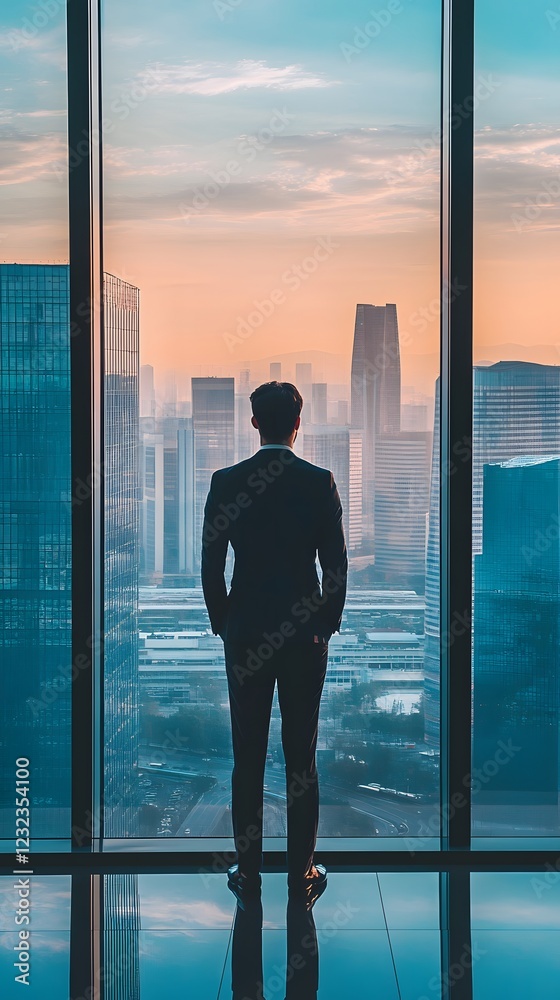 A man in a suit standing in front of a large window in an office building, overlooking the city skyline
