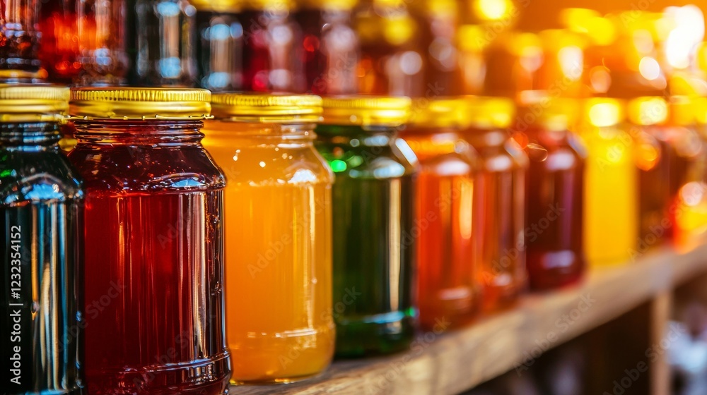 Assorted glass bottles glowing under warm lighting Assorted glass bottles glowing under warm lighting