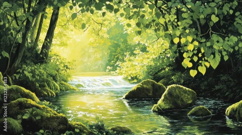 Sunlit stream flows through lush green forest; tranquil nature scene; ideal for calendars, posters Sunlit stream flows through lush green forest; tranquil nature scene; ideal for calendars, posters