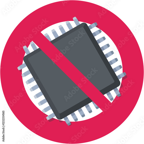 Chip of a computer at the back with a circular red strikethrough prohibition symbol in flat design style (cut out)