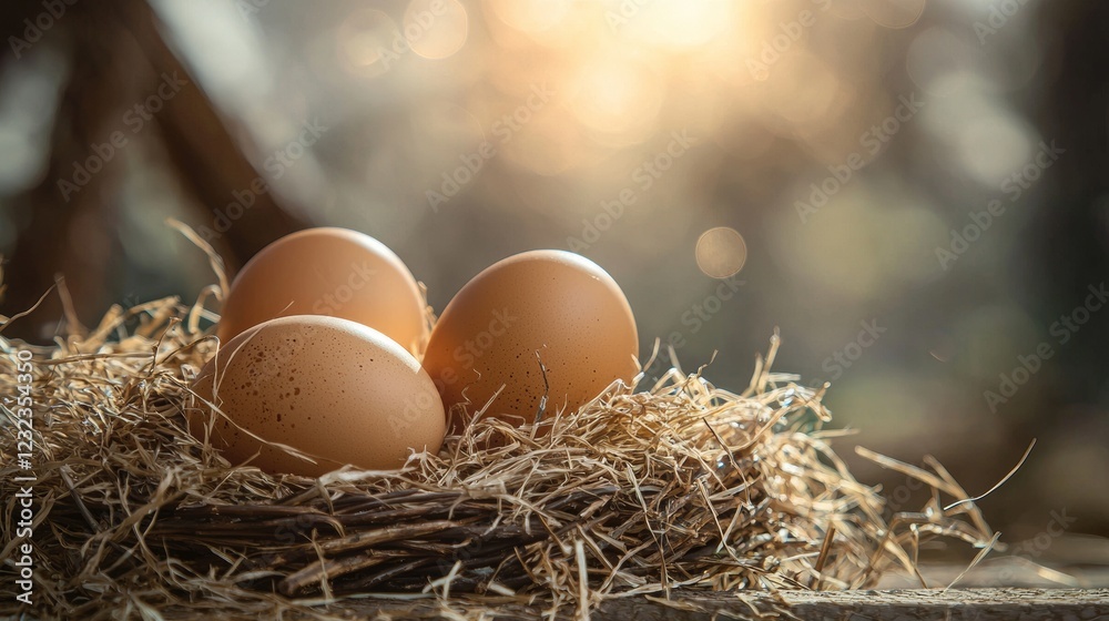 Nest with brown eggs in soft natural light Nest with brown eggs in soft natural light