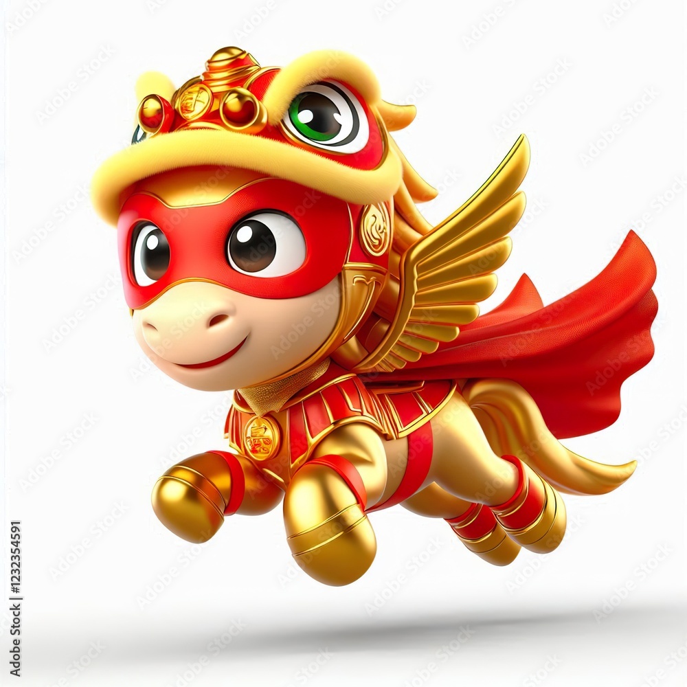 3D Adorable cartoon gold red green happy flying superhero cute horse in a lion dance costume, white background 3D Adorable cartoon gold red green happy flying superhero cute horse in a lion dance costume, white background