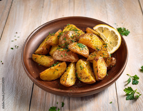 crispy golden roasted potatoes seasoned with garlic herbs and spices on a rustic plate garnished with parsley and served with lemon slices for a perfect comfort food meal