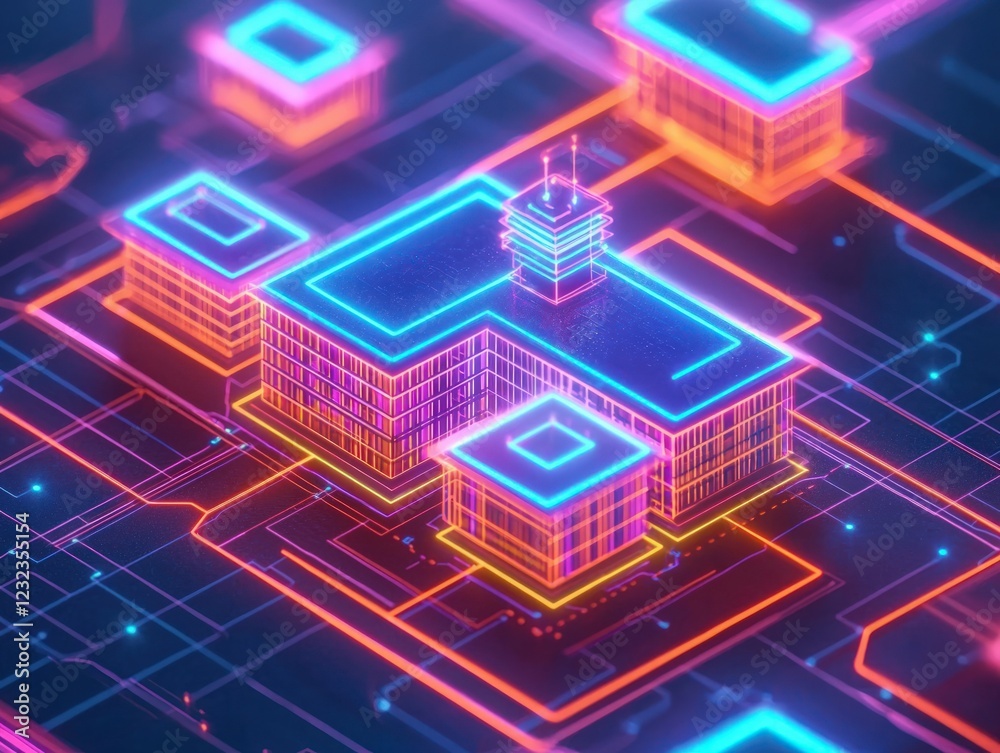 Futuristic Cityscape with Neon Lights and Geometric Building Design in Digital Environment Futuristic Cityscape with Neon Lights and Geometric Building Design in Digital Environment