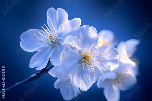 Delicate white blossoms on a branch with a soft blue background, capturing the beauty of spring, fresh floral details, and natural elegance in a  macro photography shot