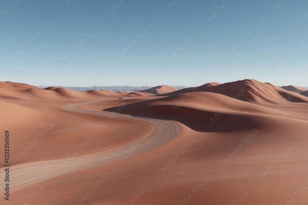 Naklejka premium Winding desert road through sand dunes under blue sky