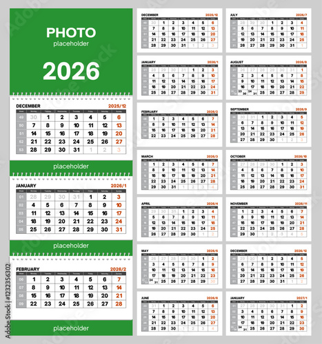 Wall quarterly calendar 2026 with week numbers starting from Monday. Vector printable illustration