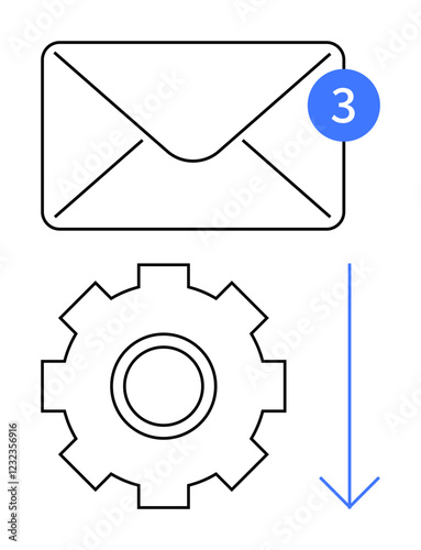 Envelope with unread message badge, gear symbol, and downward arrow indicating processing or automation. Ideal for communication, notifications, settings, updates, workflows, alerts abstract line