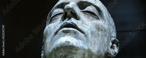 Closeup of a textured, expressive sculpted head, tilted back, conveying a sense of contemplation or suffering.  Ideal for concepts of art, emotion, mortality, or human condition.