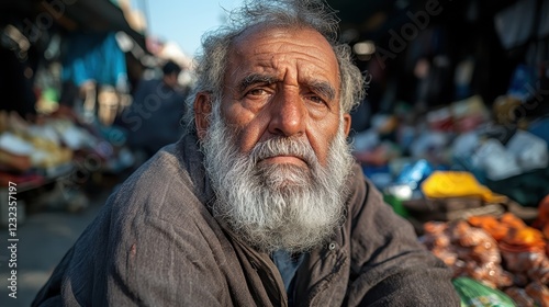 A deeply reflective portrait of an elderly man seated in a bustling market surrounded by various goods, evoking a sense of nostalgia and life's myriad stories.