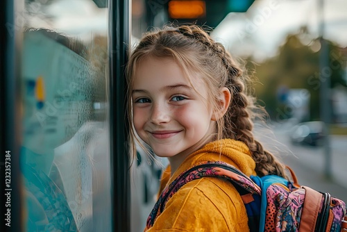 Portrait of a smiling girl with a backpack, standing at a bus stop on a sunny morning. photo