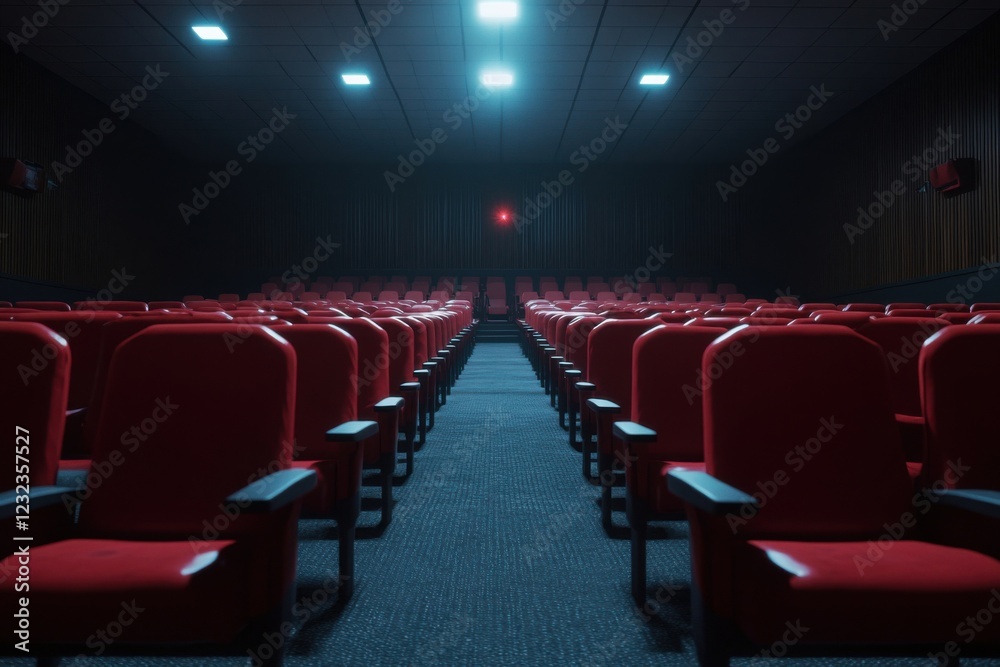 Empty cinema auditorium with red seats and dim lights illuminating the aisle Empty cinema auditorium with red seats and dim lights illuminating the aisle