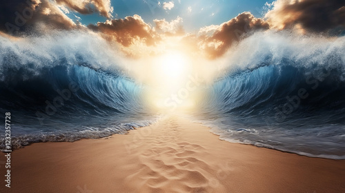 The Red Sea parting, the two massive waves on each side of it coming together to form an opening in between them with sand and sky visible on one side, a bright light shining down from above