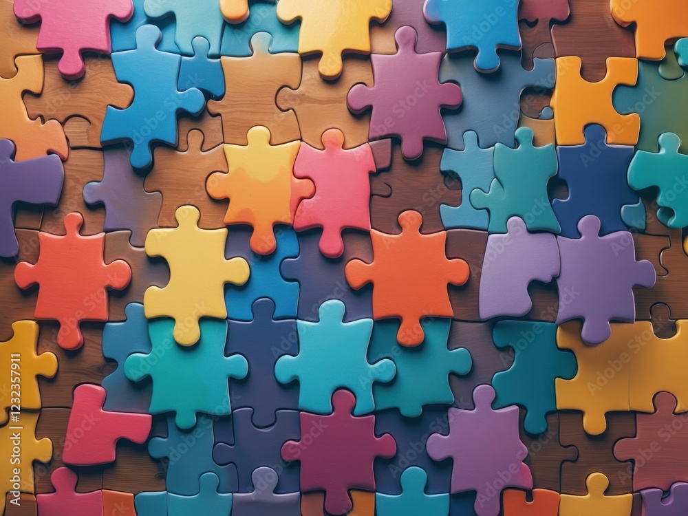 Colorful Puzzle Pieces Sprawled on a Wooden Surface for Playtime Colorful Puzzle Pieces Sprawled on a Wooden Surface for Playtime