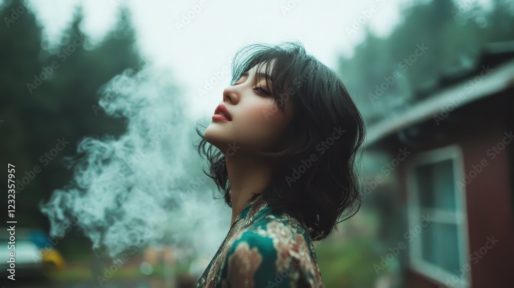 A striking image of a woman enveloped in mist, with smoke around her in a moody setting, evoking emotions of mystery and artistic expression in nature. A striking image of a woman enveloped in mist, with smoke around her in a moody setting, evoking emotions of mystery and artistic expression in nature.