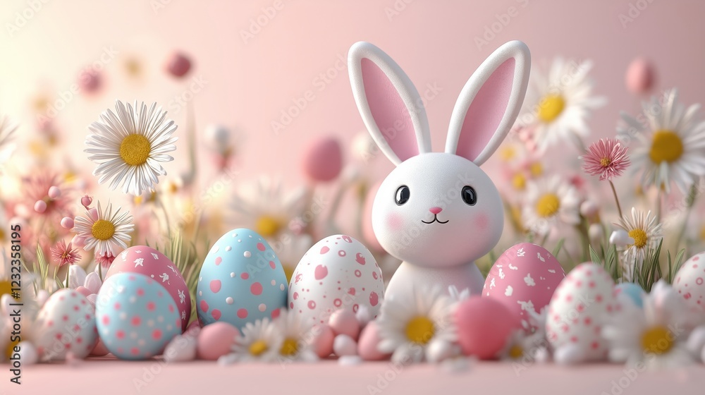 Obraz premium Cheerful Easter Bunny Among Colorful Eggs and Spring Flowers