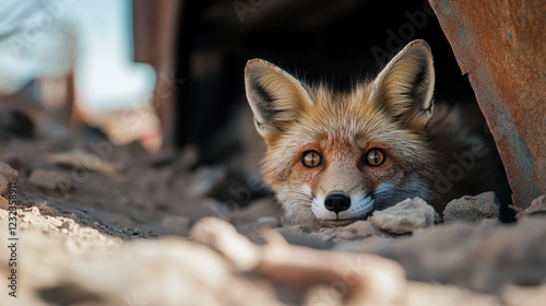 An enchanting scene featuring a fox nestled in a bed of soft earth, exuding tranquility and closeness to nature in a captivating outdoor setting.
