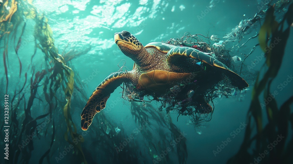 Obraz premium Sea Turtle Navigating Ocean Entangled with Plastic