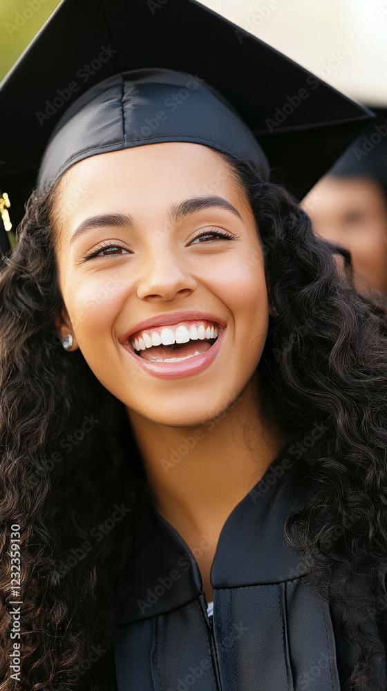 Excited young Hispanic woman in graduation cap celebrating academic achievement Excited young Hispanic woman in graduation cap celebrating academic achievement